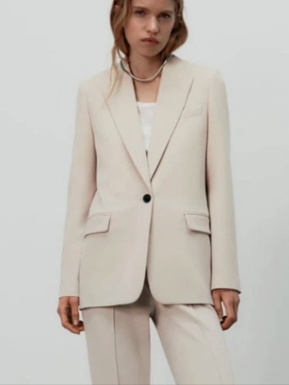 Zara Cream Beige Straight Cut Single Button Blazer Jacket Size Small